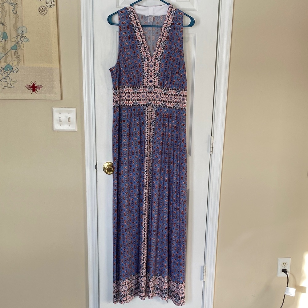 Chic Sleeveless Blue and Pink Maxi Dress